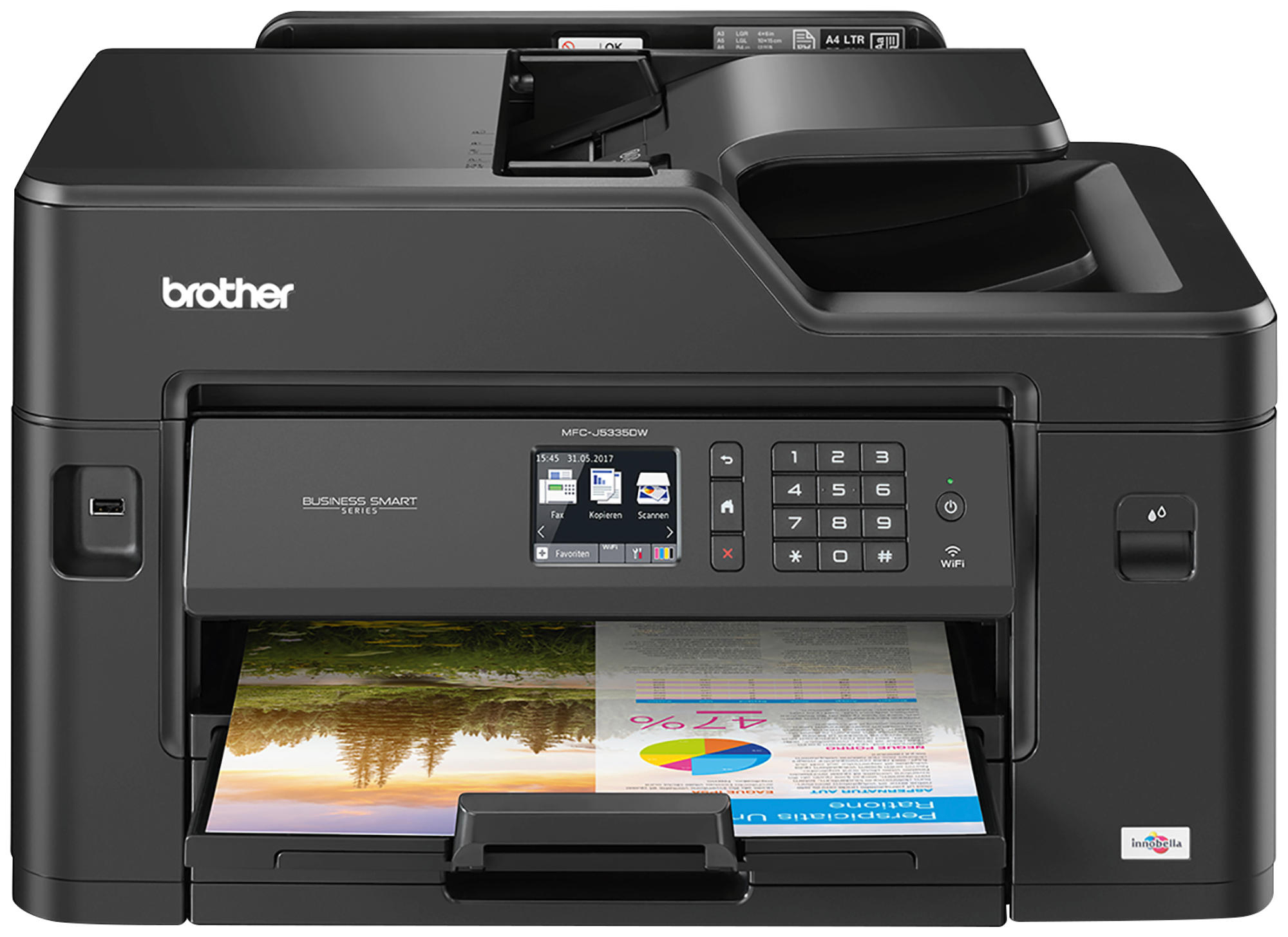 Schwarzer Brother-Drucker mit Display, mit Ausdruck eines Tortendiagramms.