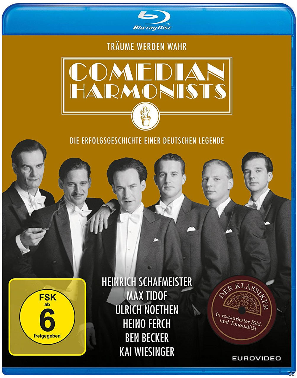 DVD-Hülle mit sechs Männern in Anzügen; der Titel lautet 'Comedian Harmonists'.