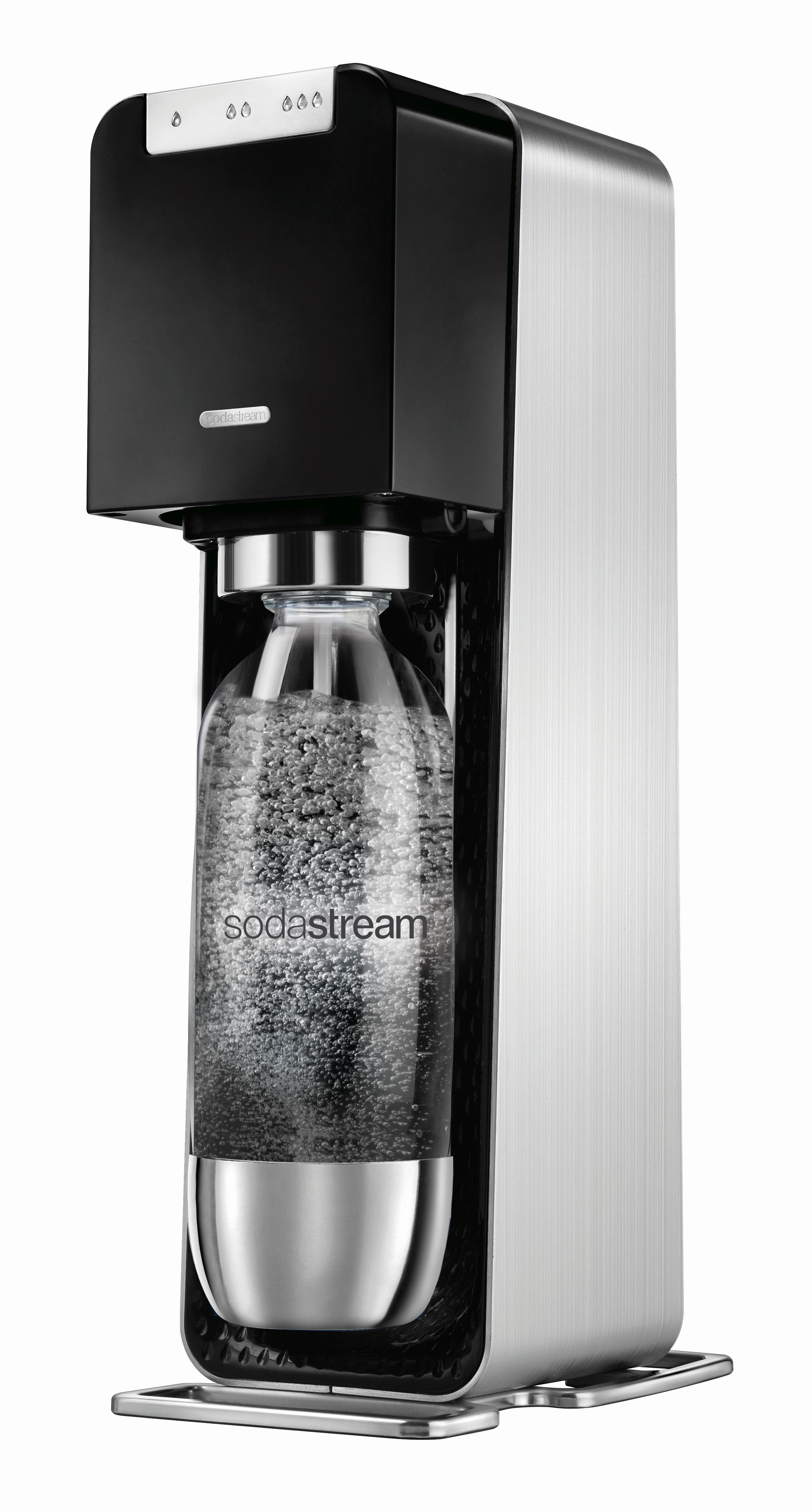 Eine schwarz-silberne SodaStream-Maschine mit einer mit Blasen gefüllten Flasche.
