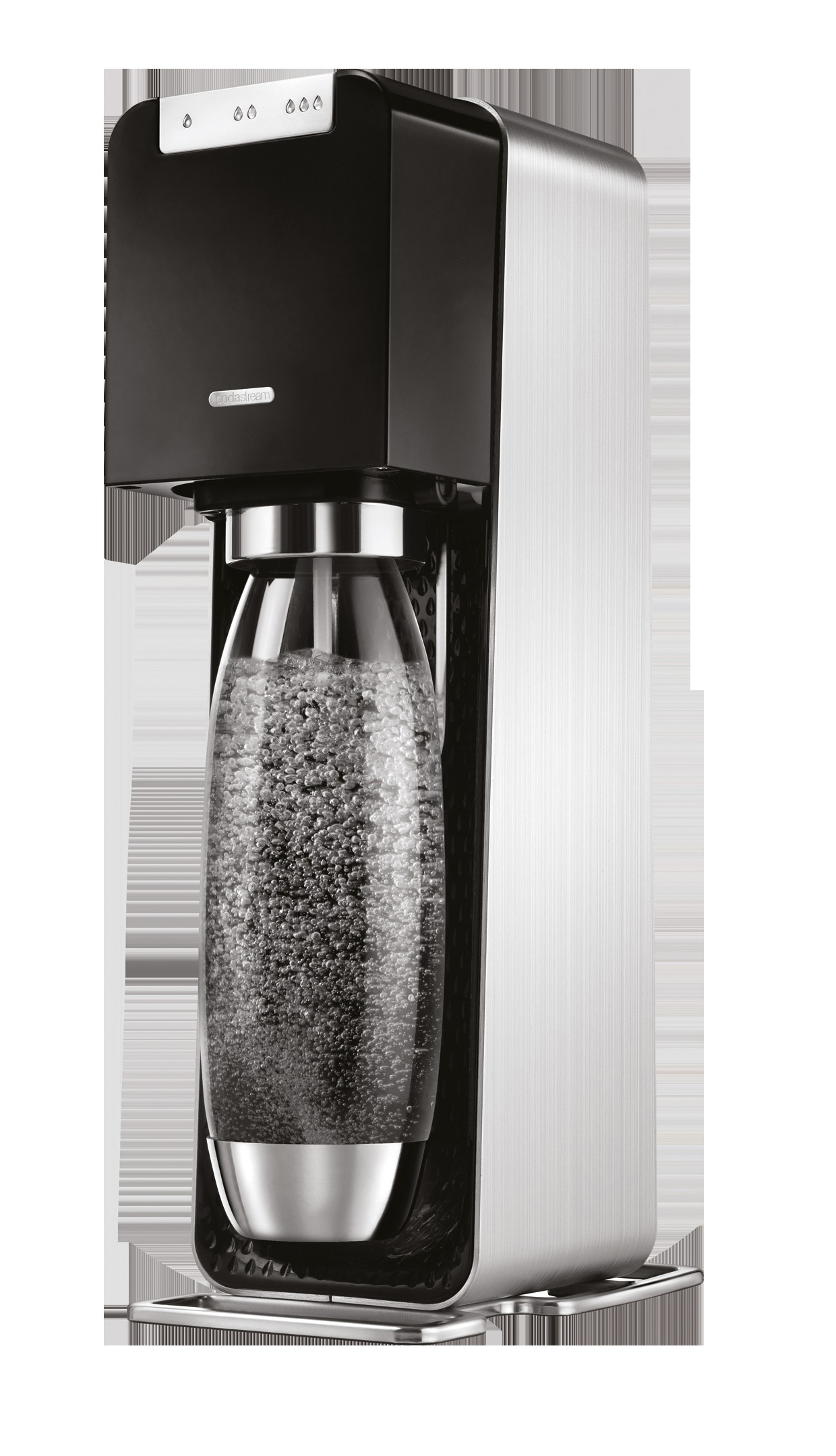 SodaStream-Maschine. Schwarze Oberseite, silbernes Gehäuse, Glasflasche mit Blasen. Modernes Design.
