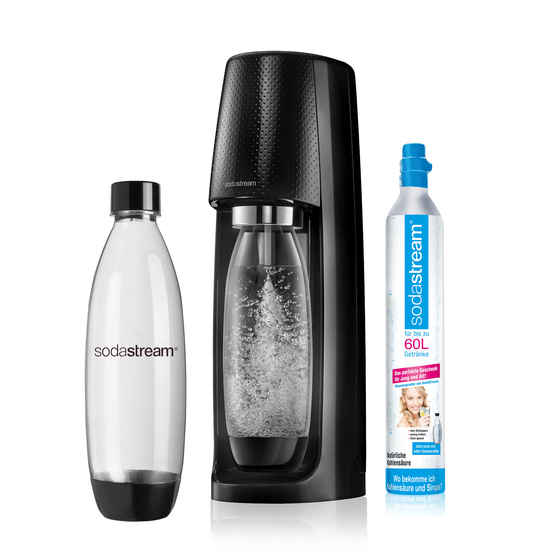 SodaStream-Maschine mit Wasserflasche und CO2-Zylinder.