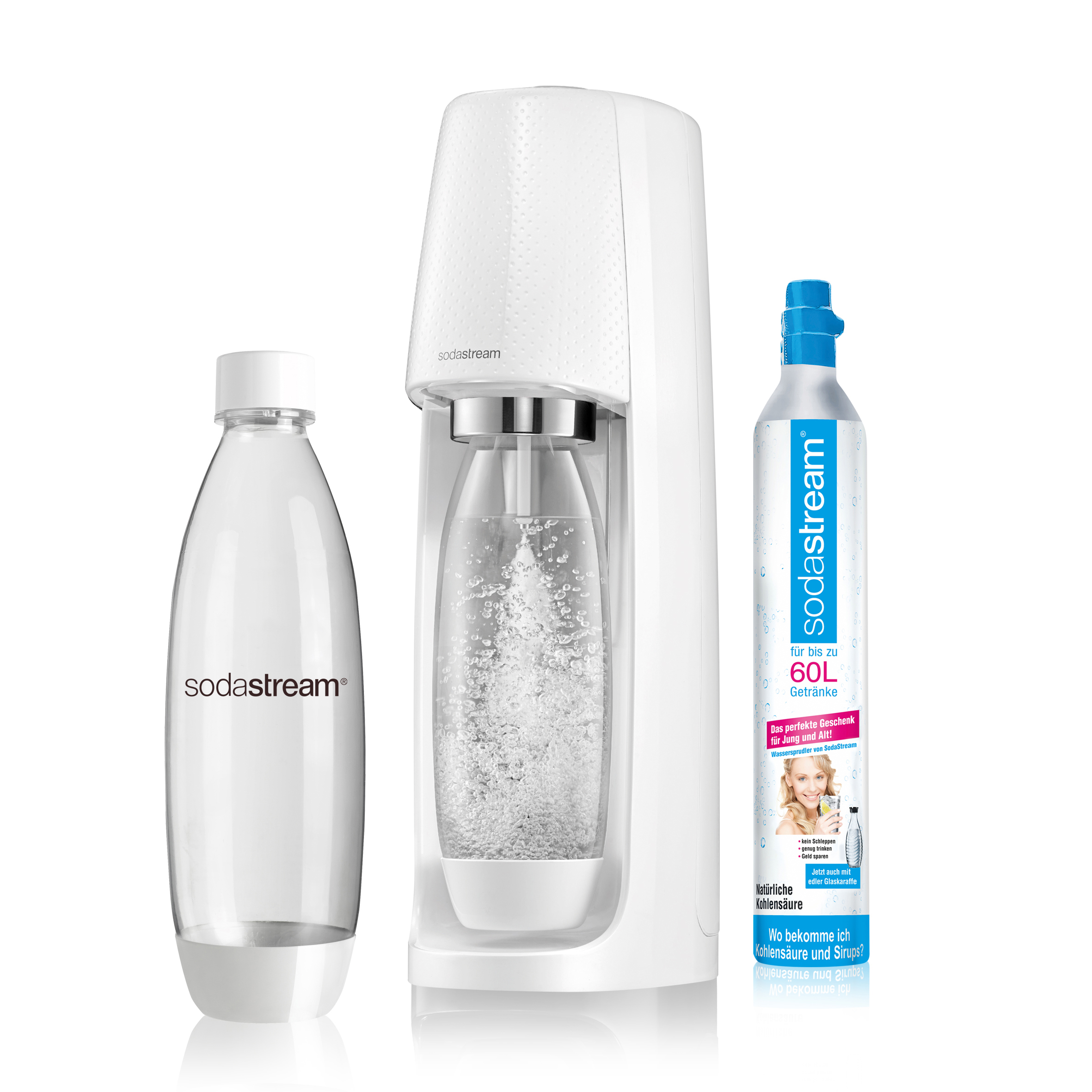 Eine weiße SodaStream-Maschine mit einer Flasche und einer CO2-Zylinder.