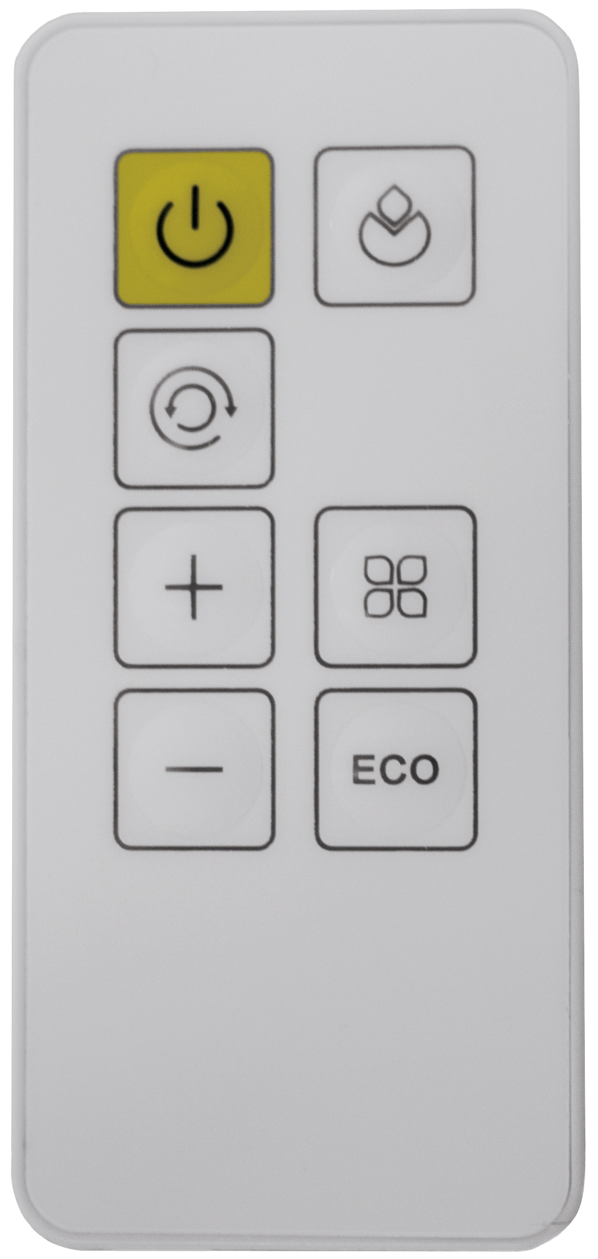 Weiße Fernbedienung mit mehreren Tasten. Power, Timer, Ventilator, Plus, Minus und ECO-Tasten sind beschriftet.