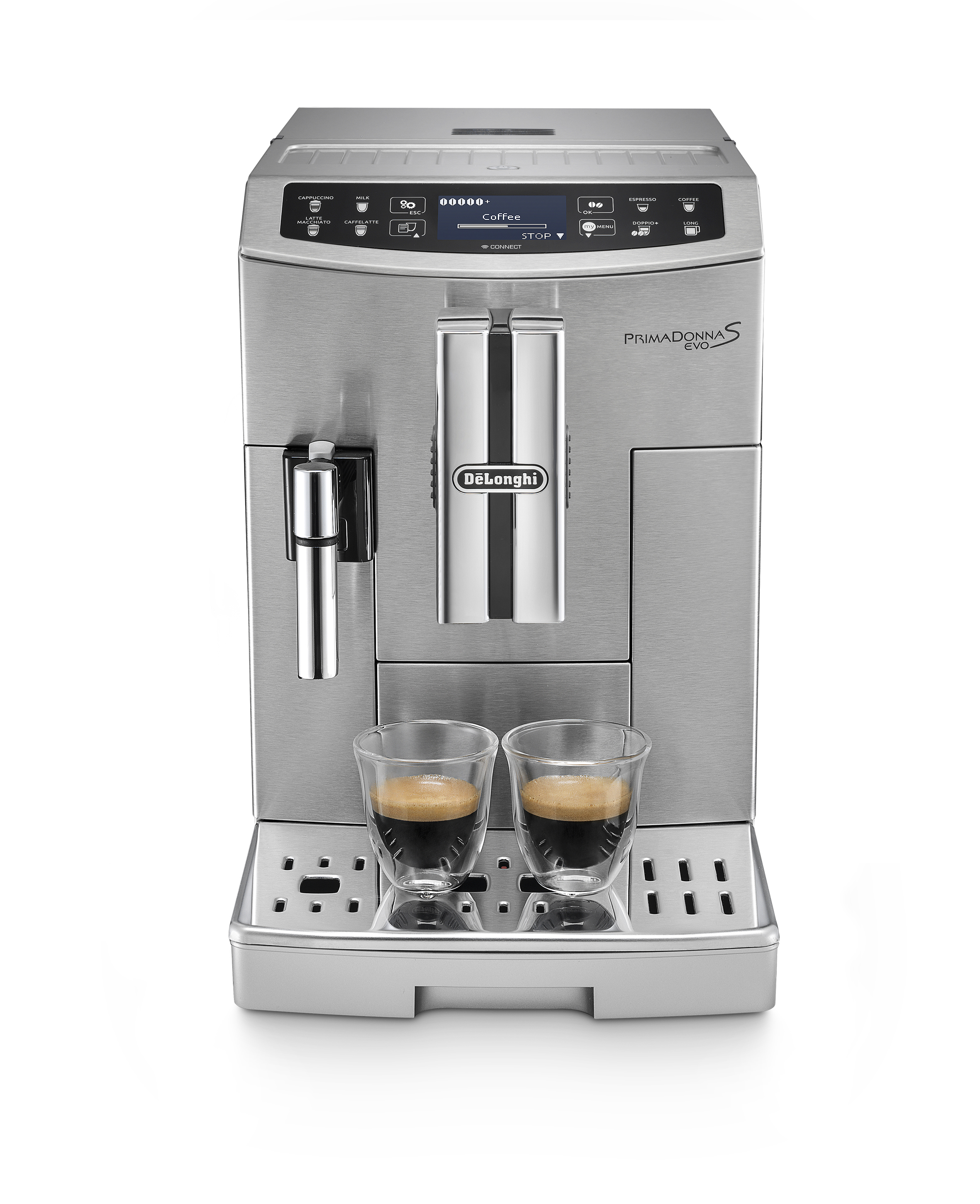 Eine silberne Delonghi Primadonna S Espressomaschine mit zwei Espressogläsern.