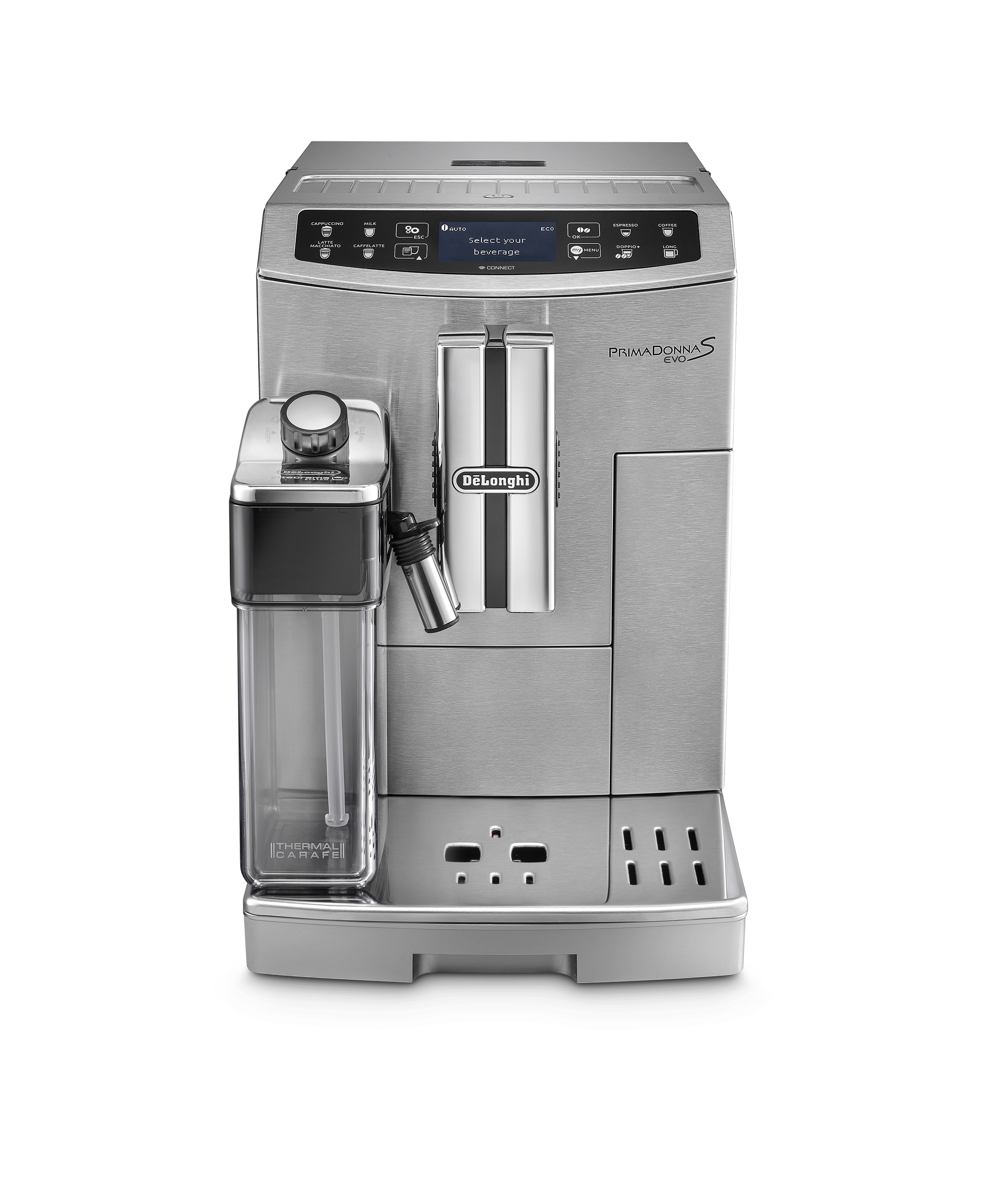 Silberne De'Longhi Primadonna S Kaffeemaschine. Milchbehälter links, Bedienfeld oben. Weißer Hintergrund.