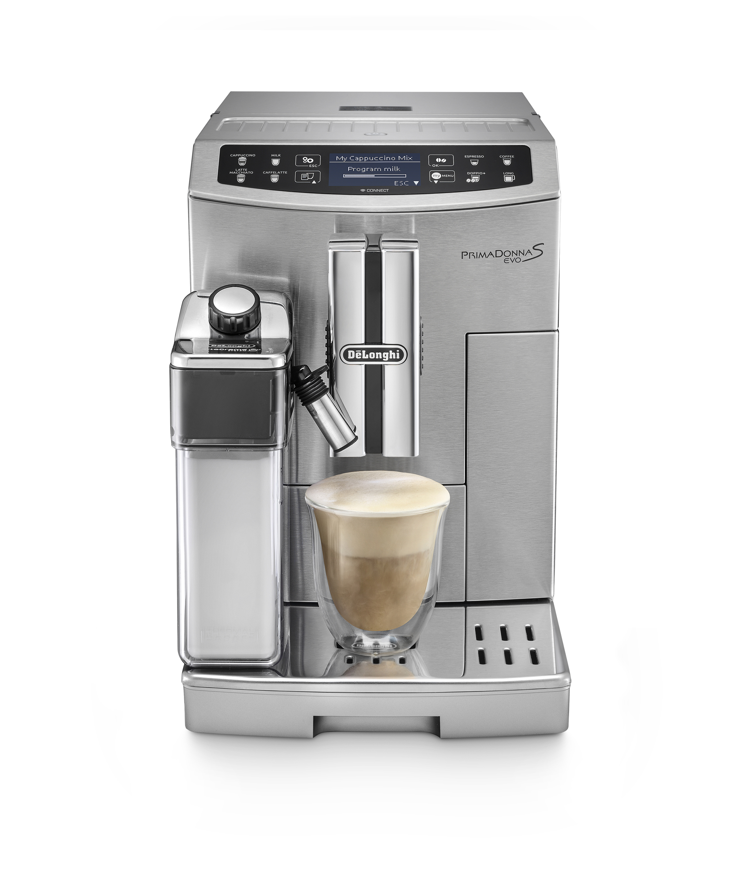 Silberne Espressomaschine mit einer Glastasse Cappuccino. Milchbehälter links, Display in der Mitte.