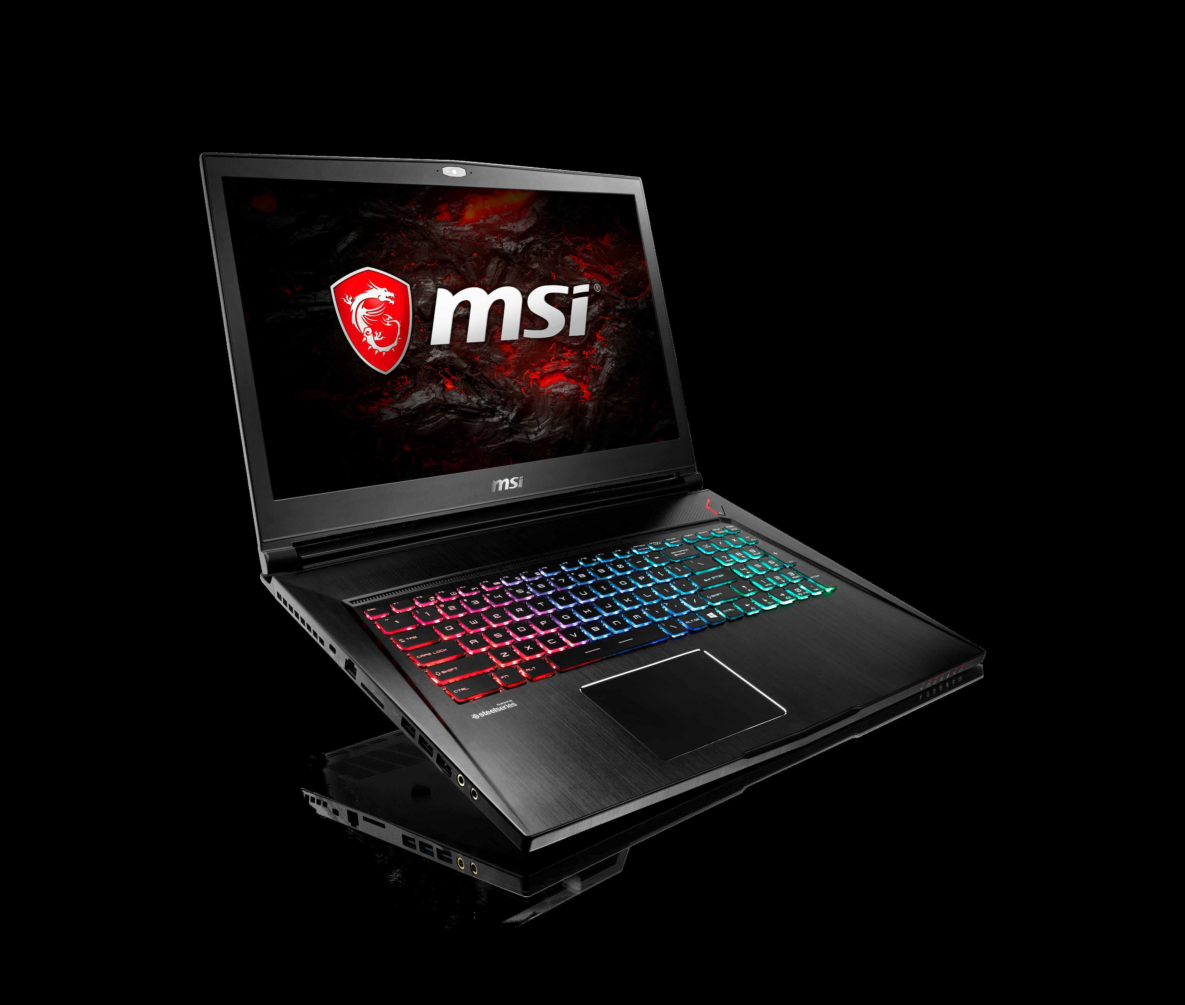 Schwarzer MSI Gaming-Laptop geöffnet, mehrfarbige Tastatur, auf schwarzem Untergrund.