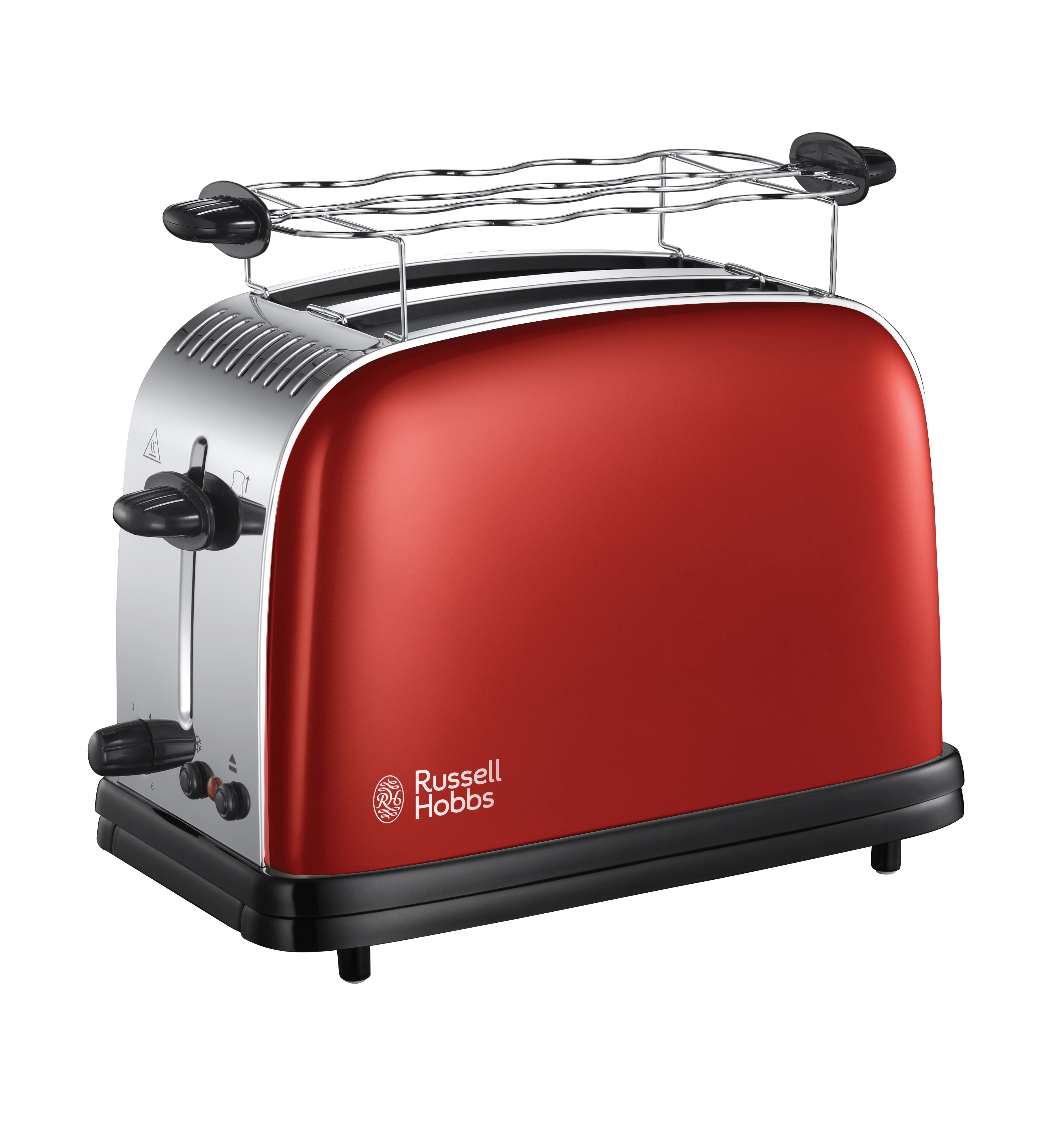 Rode en zilveren broodrooster. Merk is Russell Hobbs. Heeft een verchroomd rooster.