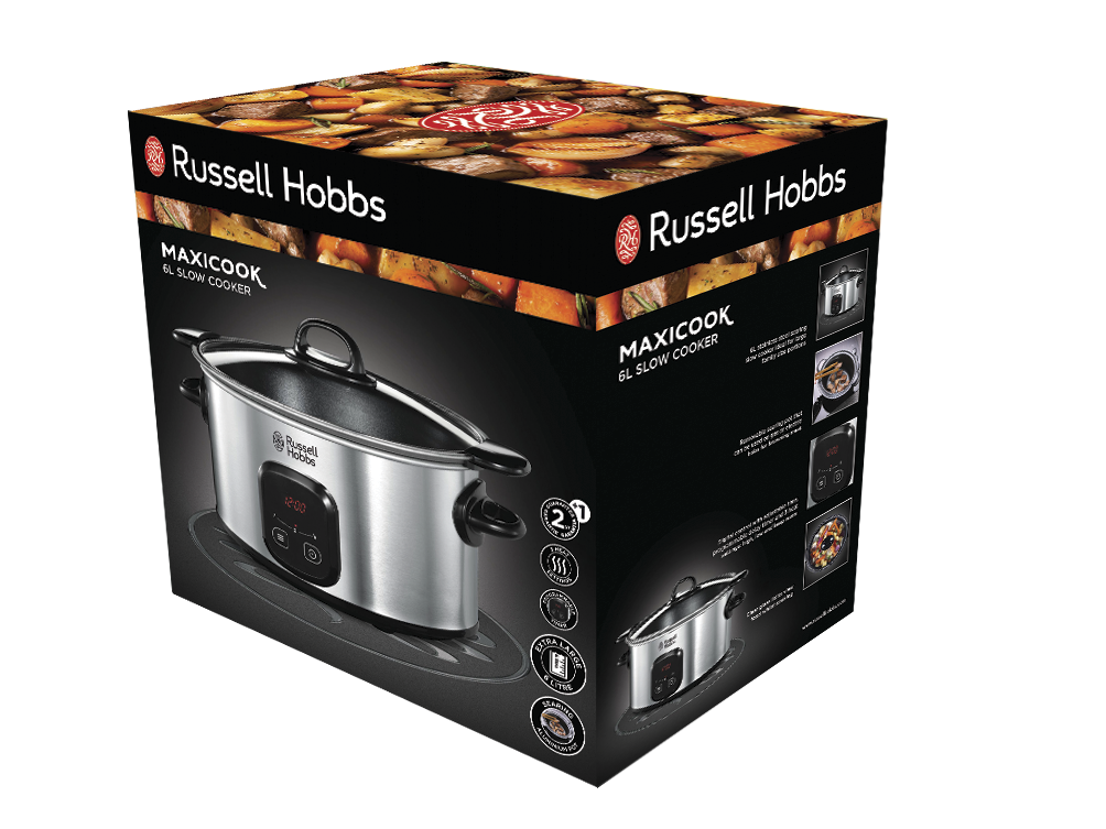 Russell Hobbs Maxicook slowcooker doos, met afbeelding van een slowcooker.