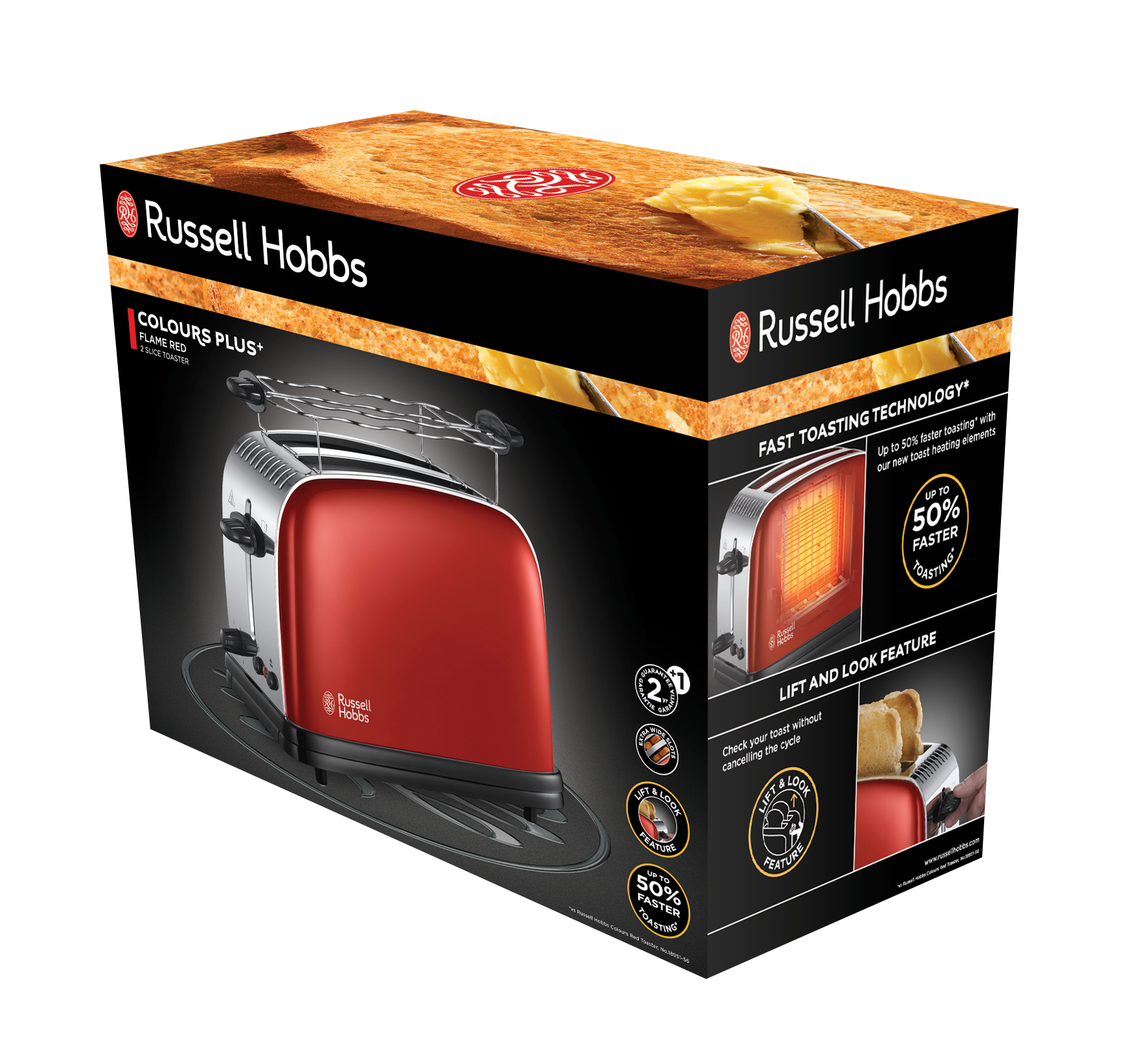 Rode Russell Hobbs broodrooster met een doos met toast en functies.
