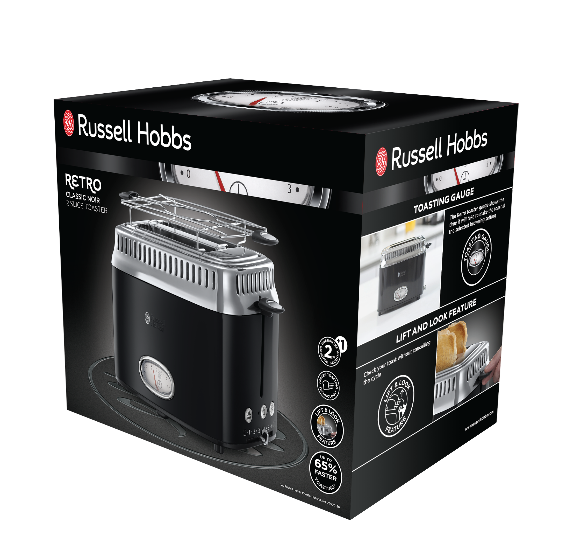 Boxed retro style toaster. Black with silver accents. Toasts two slices. Close-up of packaging.