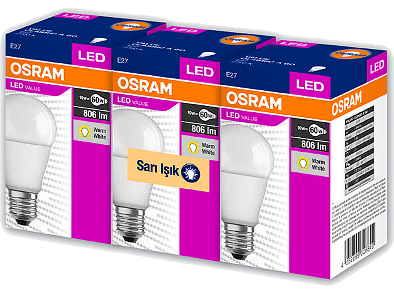 OSRAM 60W Sarı Üçlü Paket Ampul