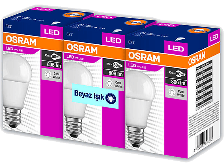 OSRAM 60W Beyaz Üçlü Paket Ampul