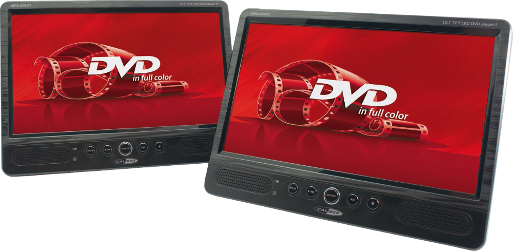 Zwei DVD-Player-Bildschirme, die eine Filmrolle auf rotem Hintergrund zeigen.
