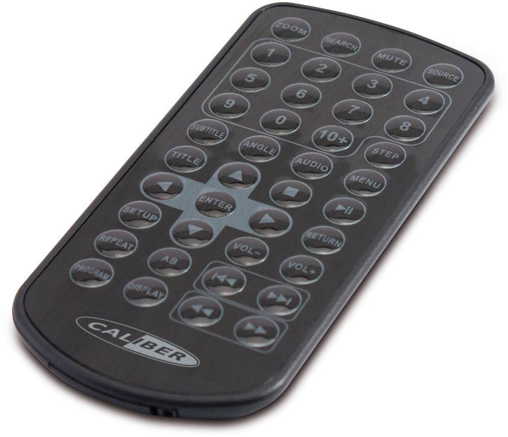 Eine schwarze Fernbedienung mit vielen Tasten, beschriftet mit Funktionen wie Zoom, Menü und Lautstärke.