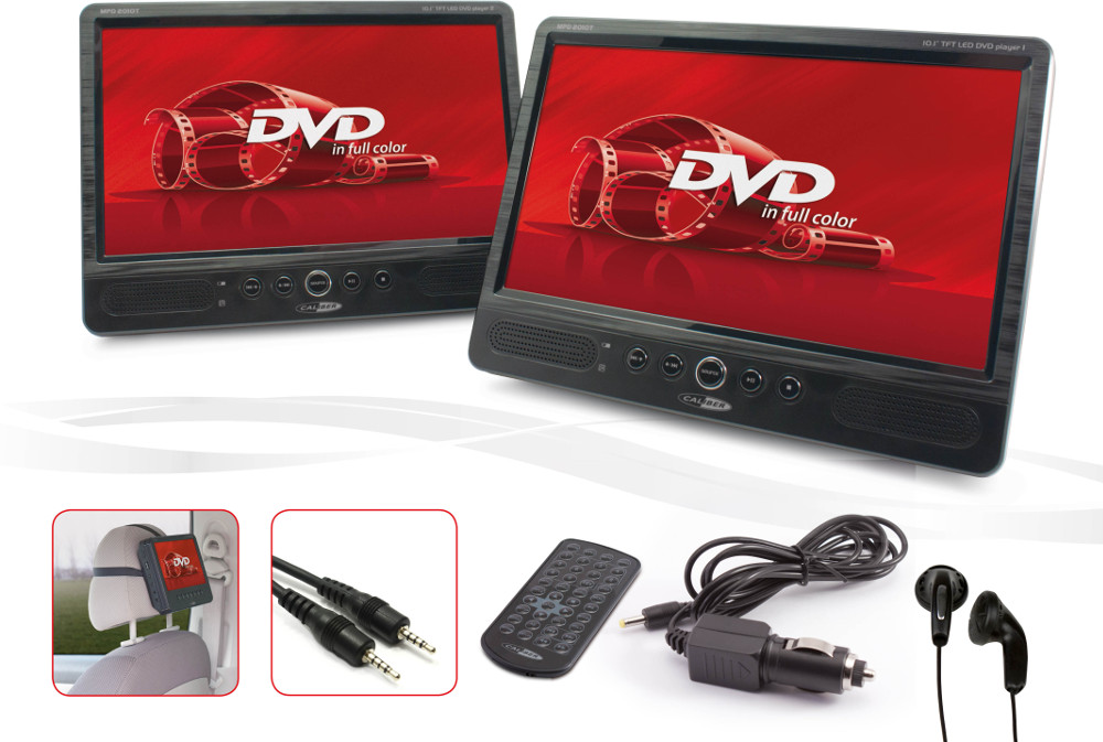 Zwei tragbare DVD-Player mit roter Filmleuchtanzeige und Zubehör.
