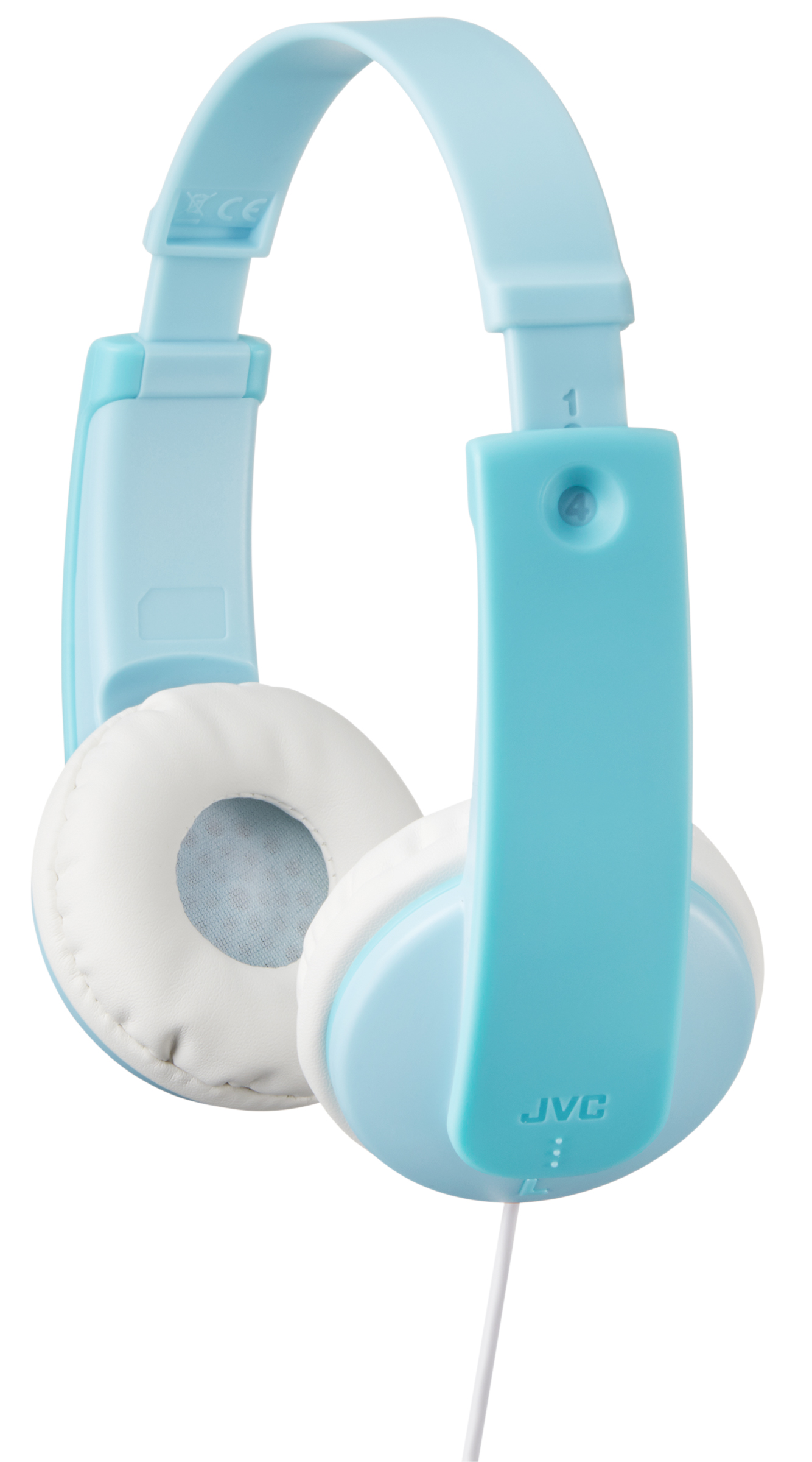 Lichtblauwe JVC koptelefoon met witte oorkussens. Witte kabel.