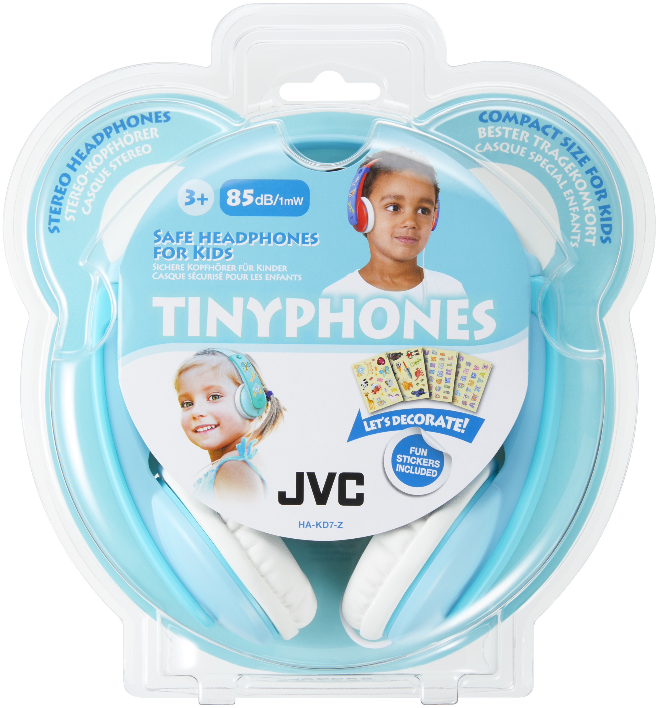 Blauwe koptelefoon in een blauwe verpakking. Tekst: Tinyphones, met twee kinderen.