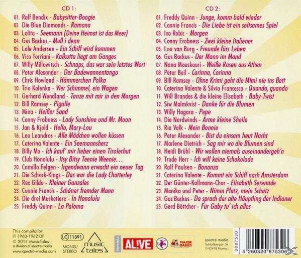CD-Compilation mit zwei Discs, Titellisten in Gelb auf rosa Hintergrund.
