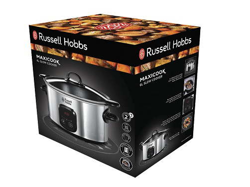Karton eines Russell Hobbs MaxiCook-Schongarers, der das Produkt und seine Funktionen zeigt.