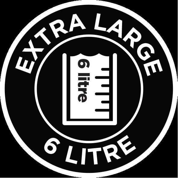 Schwarz-weißes Logo: Extra Large, 6 Liter und eine Grafik eines Messbehälters.