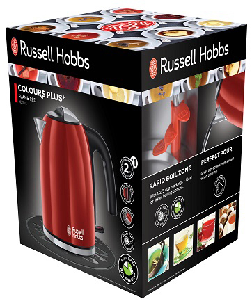 A red Russell Hobbs kettle in a box with product details and images.