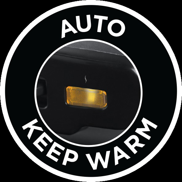Ein schwarzer Kreis mit den Worten 'AUTO KEEP WARM' am Rand und einem gelben Licht.