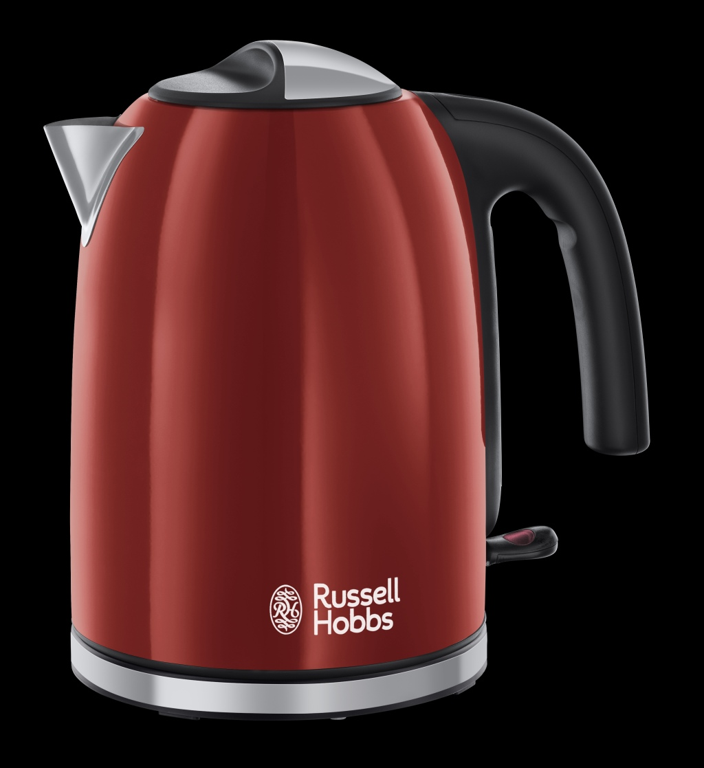 Red Russell Hobbs kettle on black background. Black handle. Silver accents, and a red power button.