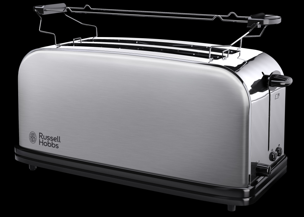 Grille-pain en acier inoxydable. Base et poignée noires. Deux fentes pour le pain et un levier noir sur le côté.