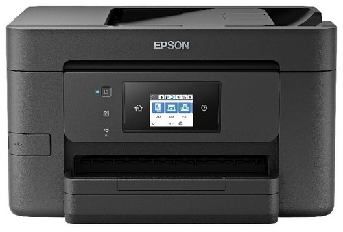 Ein Epson-Drucker, schwarz mit Display, Knöpfen und Papiereinzug, der seine Funktionen zeigt.