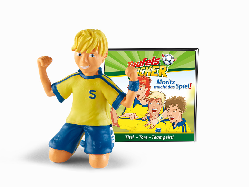 Fußballfigur in Gelb und Blau, kniend mit erhobenen Armen. Karte: Fußballspieler, grüner Hintergrund, mit Text.