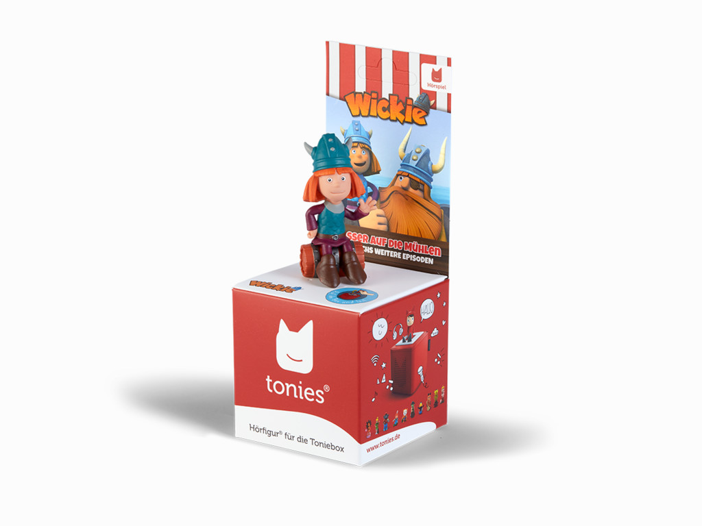 Eine Spielfigur eines Wikingers in einem blauen Helm, stehend auf einer roten Box mit Tonies-Logo.
