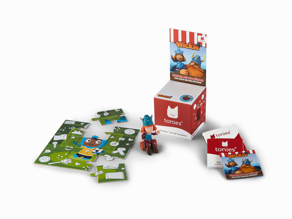 Spielzeugset. Puzzle, Figur und eine rote Box. Wickie der Wikinger-Thema.