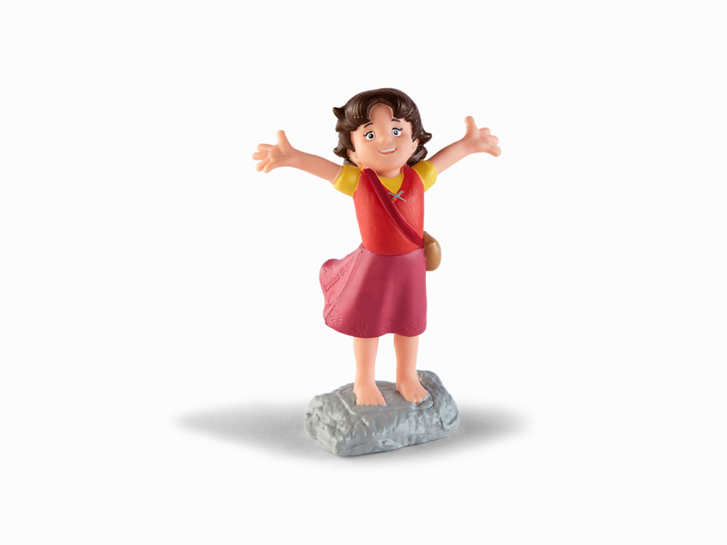 Eine Heidi-Figur steht mit offenen Armen auf einem Felsen, trägt ein rotes Kleid und braune Haare.
