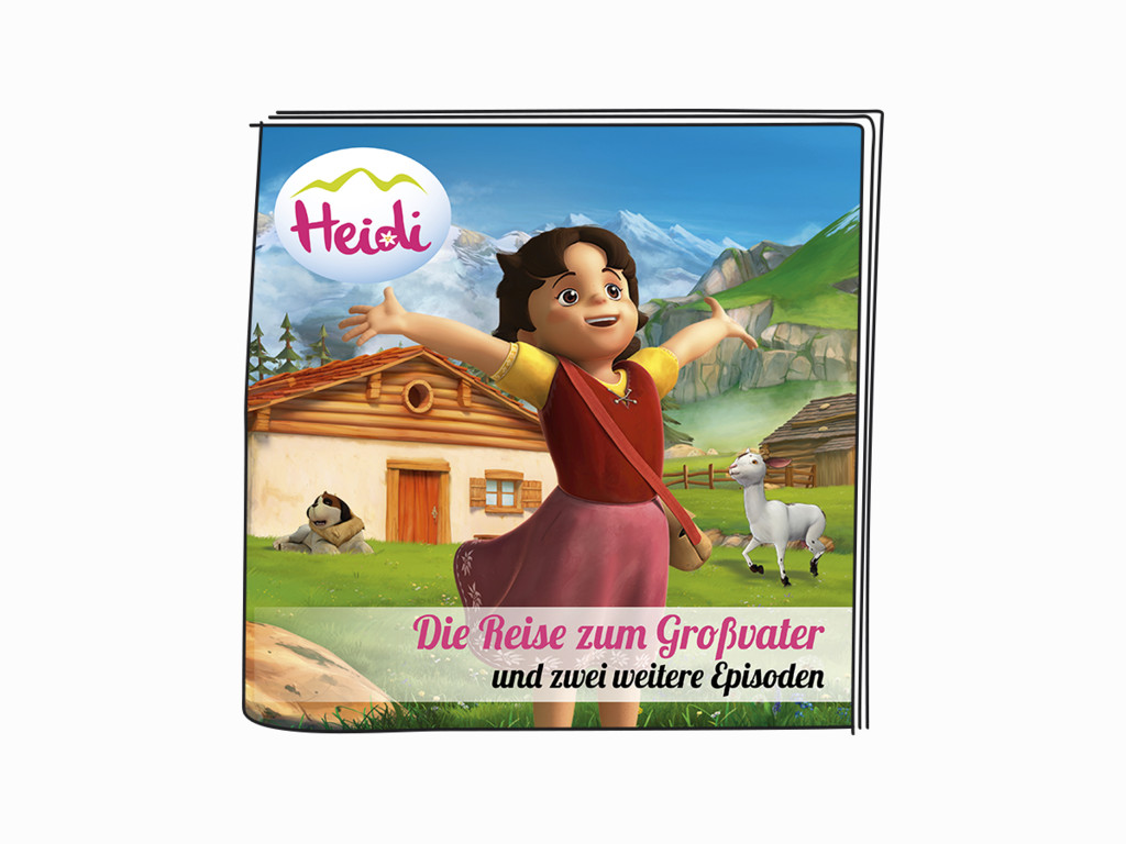 Heidi-Cartoon-Buchcover mit Heidi und einem Hund vor Bergkulisse. Text auf Deutsch.