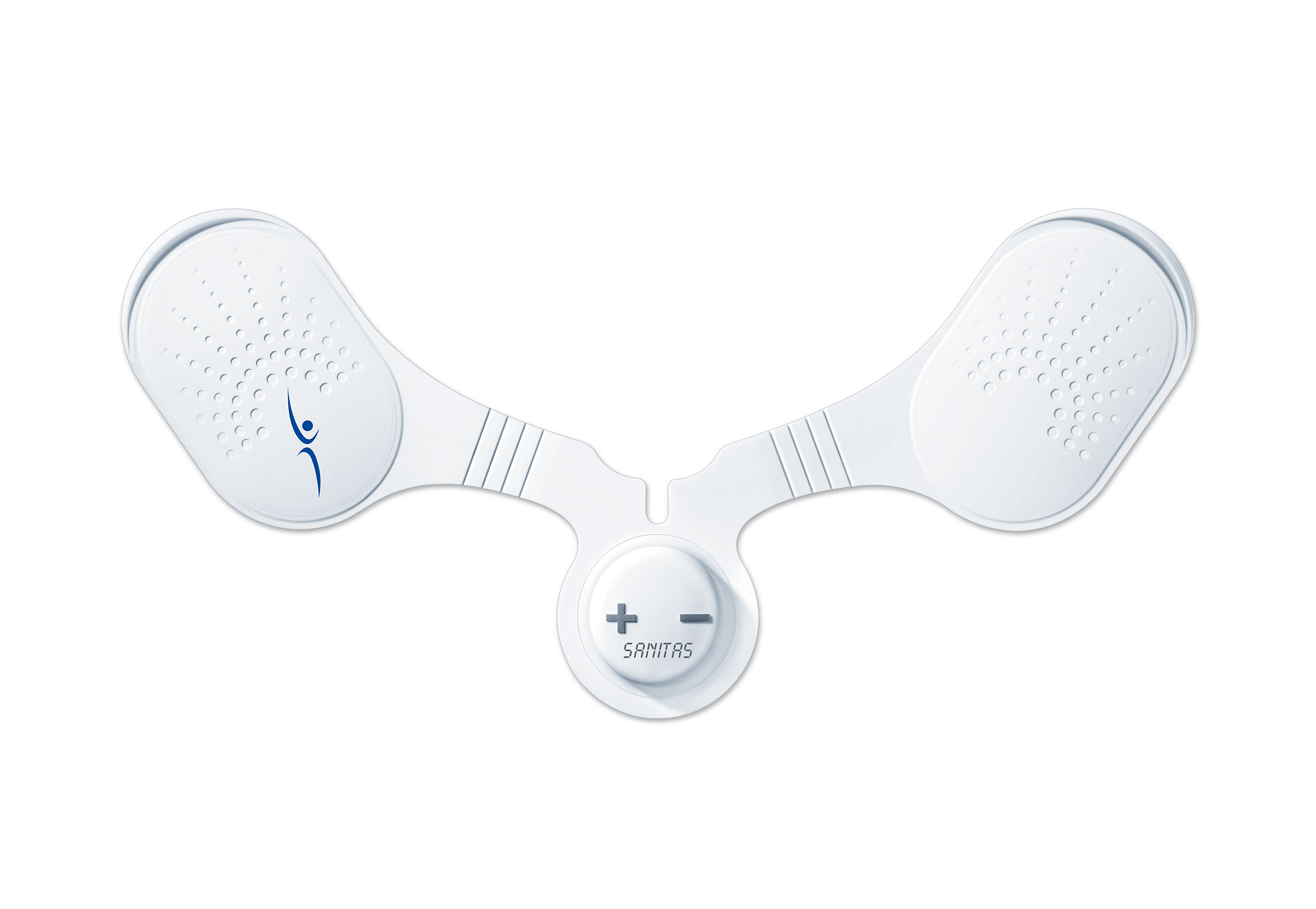 Weißes Sanitas-Gerät zur Muskelstimulation. Zwei Pads verbunden mit zentraler Bedieneinheit mit Plus/Minus-Tasten.