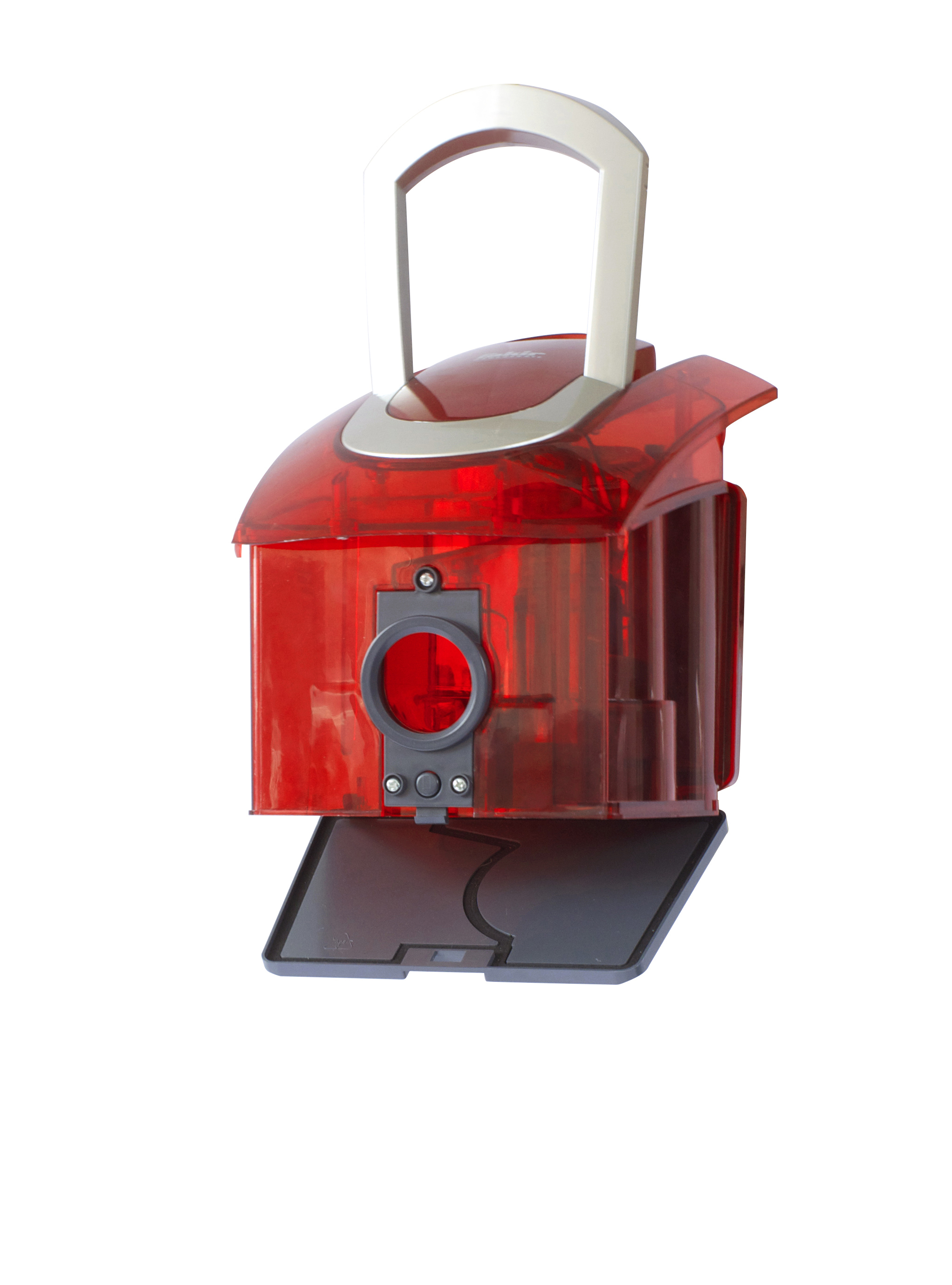 Roter Staubsauger, vertikal, mit Griff. Weißer Hintergrund, Draufsicht.
