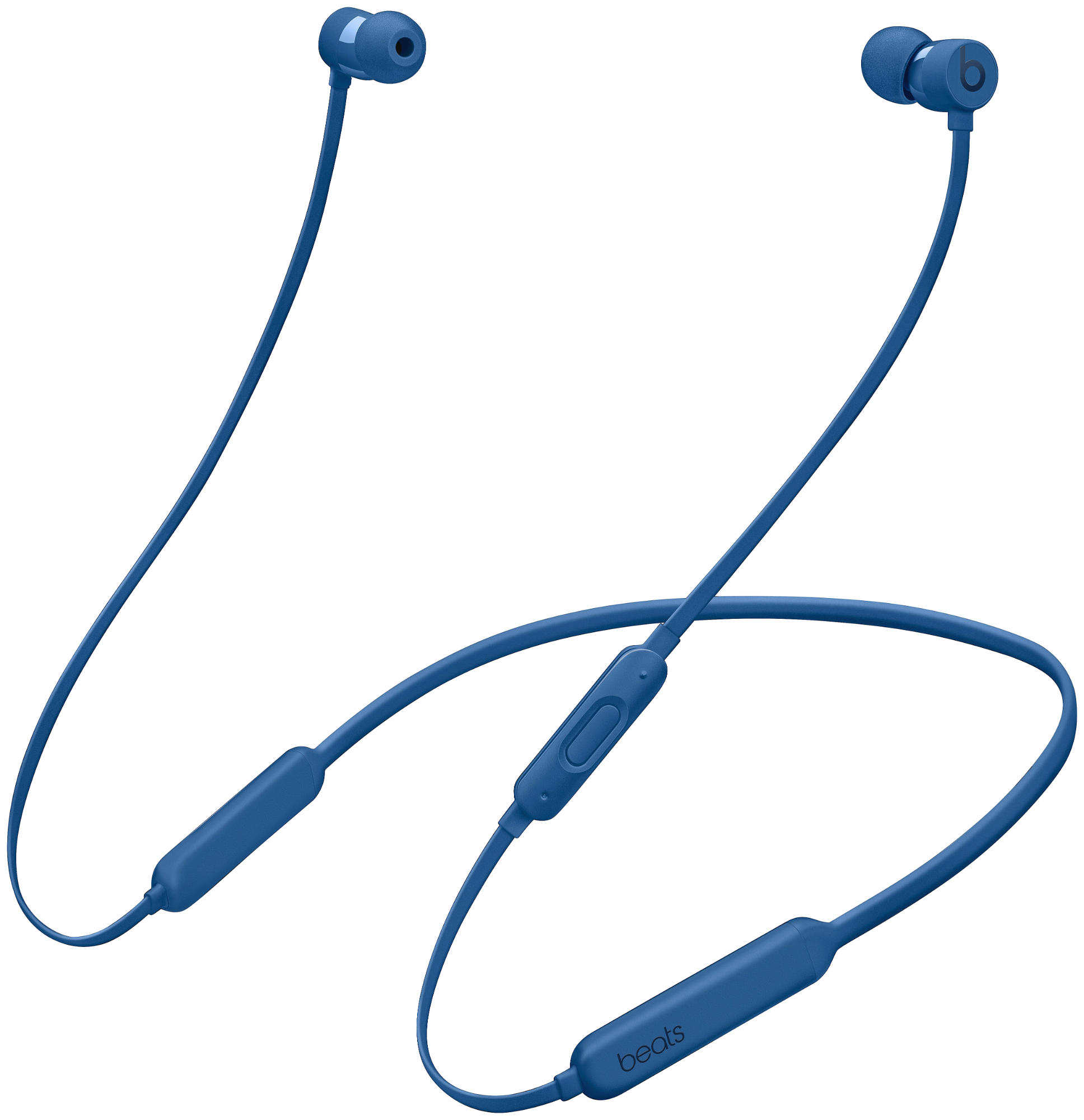 Blaue kabellose Beats-Kopfhörer mit verbundenem Draht und Bedientasten.