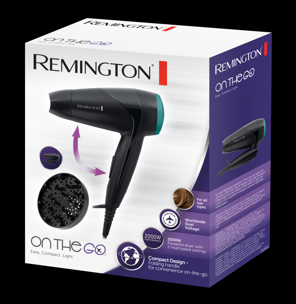 Remington Haartrockner-Box. Der Trockner ist schwarz und türkis. Die Box zeigt den Trockner und Eigenschaften.