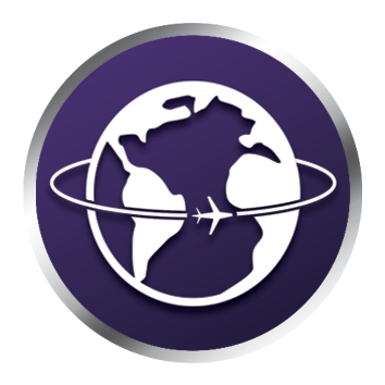 Ein violetter Kreis mit einem weißen Globus und einem Flugzeugsymbol, das globales Reisen darstellt.