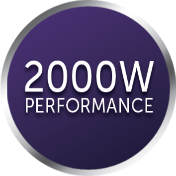 Lila Kreis mit weißem Text: 2000W PERFORMANCE.
