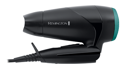 Ein schwarzer Remington Haartrockner mit grünem Akzent auf weißem Hintergrund.