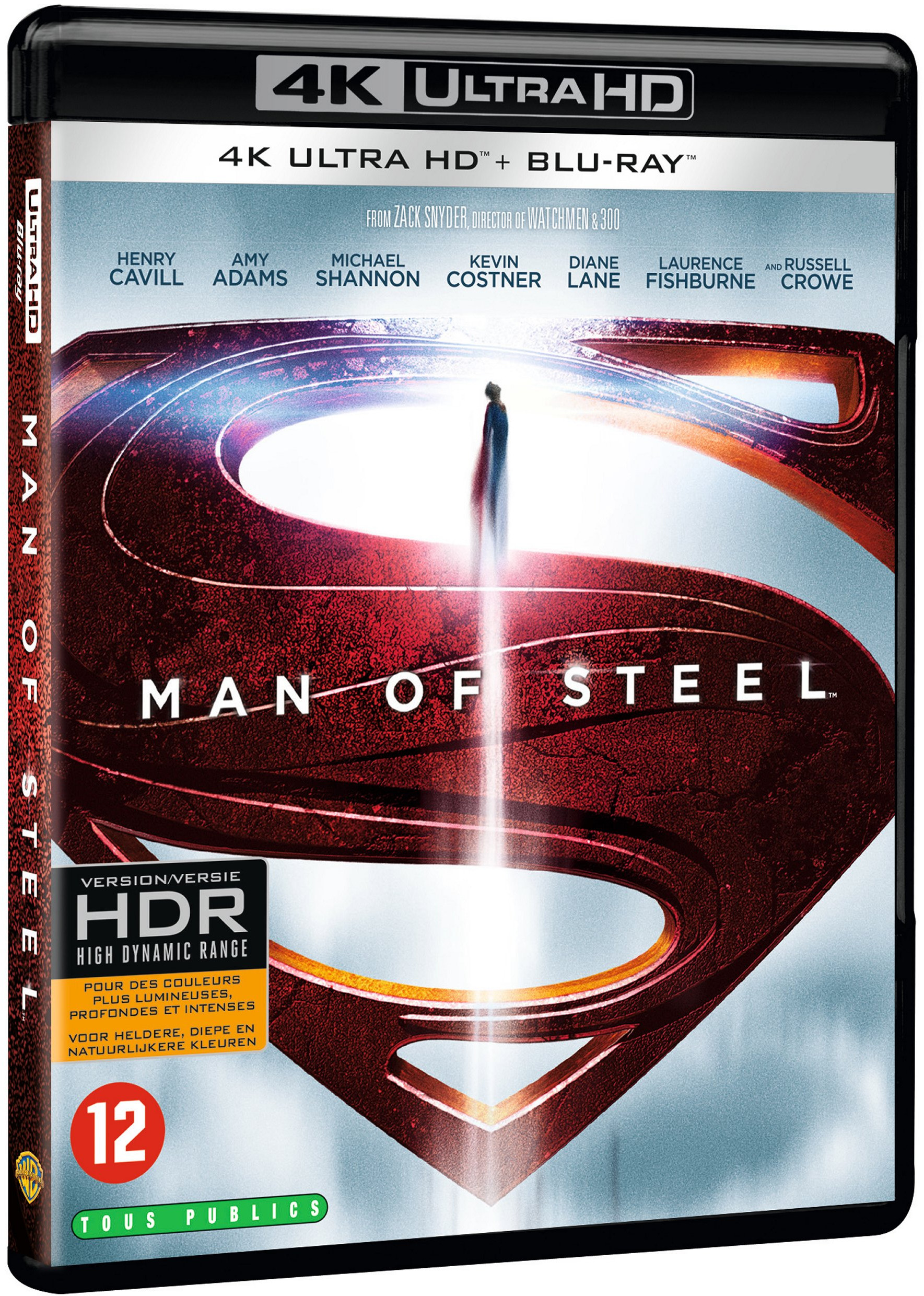 Man of Steel Blu-ray cover. Superman afbeelding. HDR informatie met een 12 leeftijdsclassificatie.