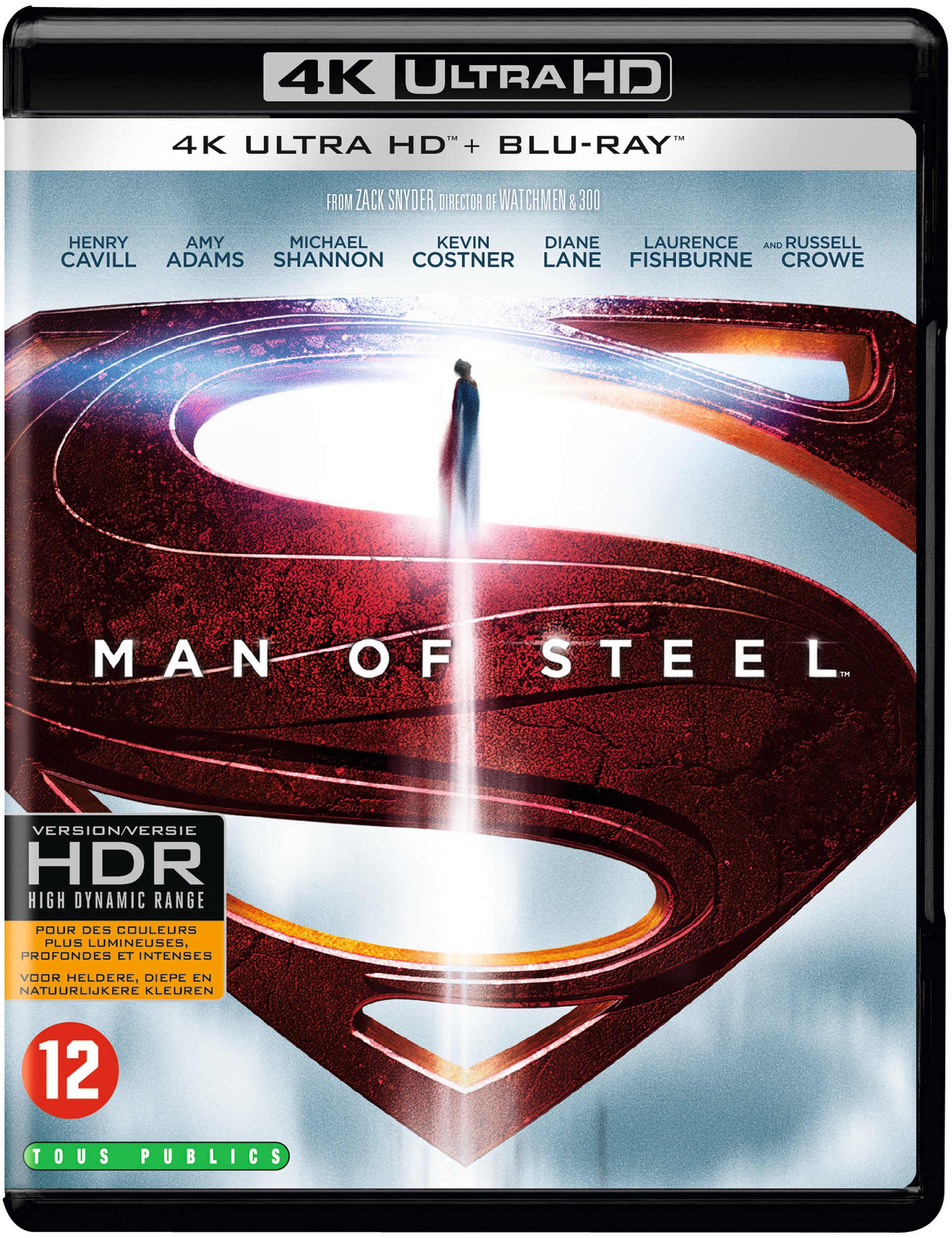 Man of Steel Blu-ray cover. Toont Superman logo, acteursnamen en 4K Ultra HD branding.