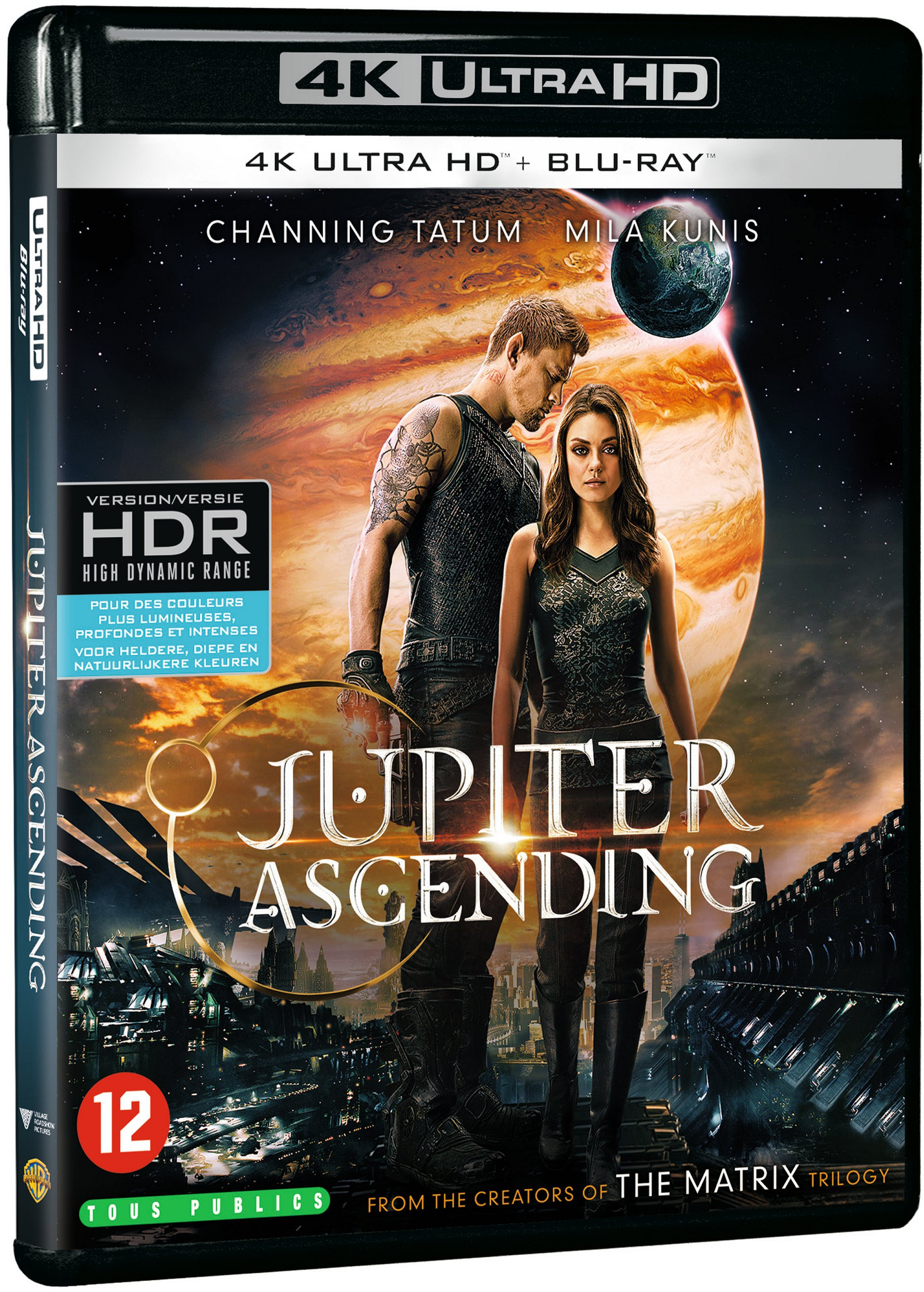 Couverture Blu-ray 4K Jupiter Ascending: Channing Tatum et Mila Kunis devant Jupiter.