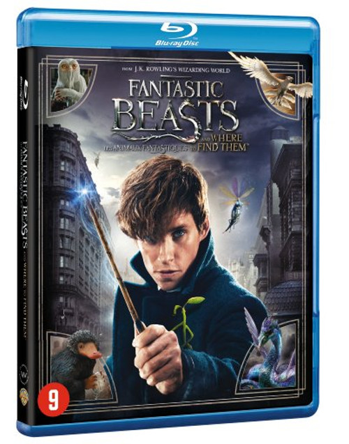 Couverture de disque Blu-ray. Un homme tenant une baguette magique, un bâtiment et des créatures fantastiques.