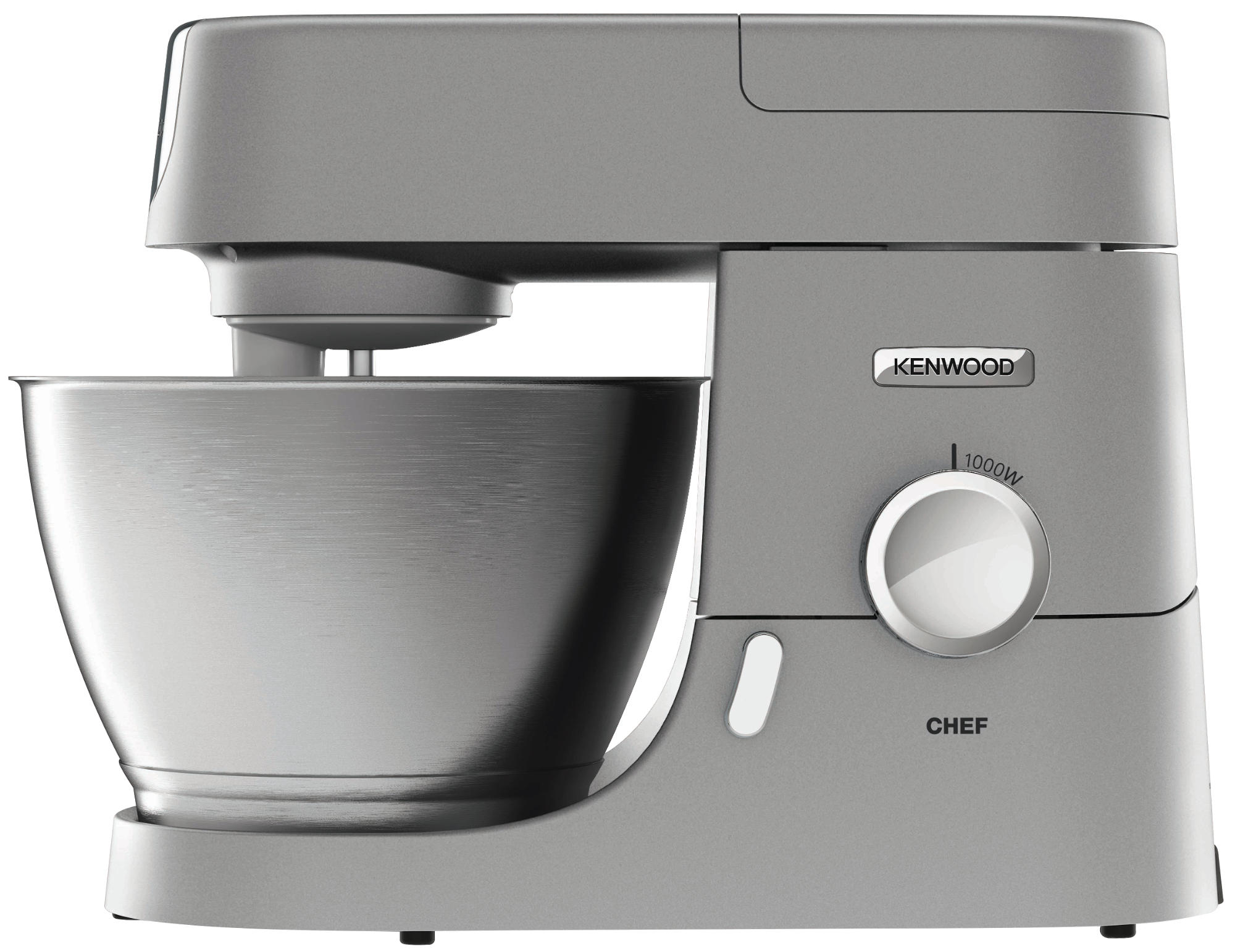 Silberner Kenwood Chef Küchenmixer mit großer Schüssel.