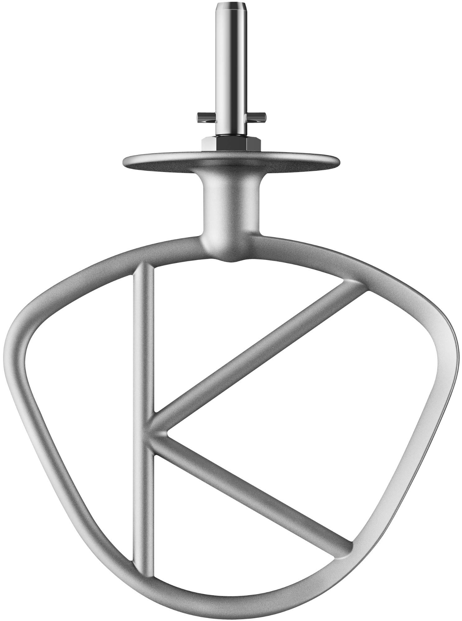 Ein silberner Aufsatz für einen Standmixer zum Mischen, mit einem einzigartigen K-förmigen Design.