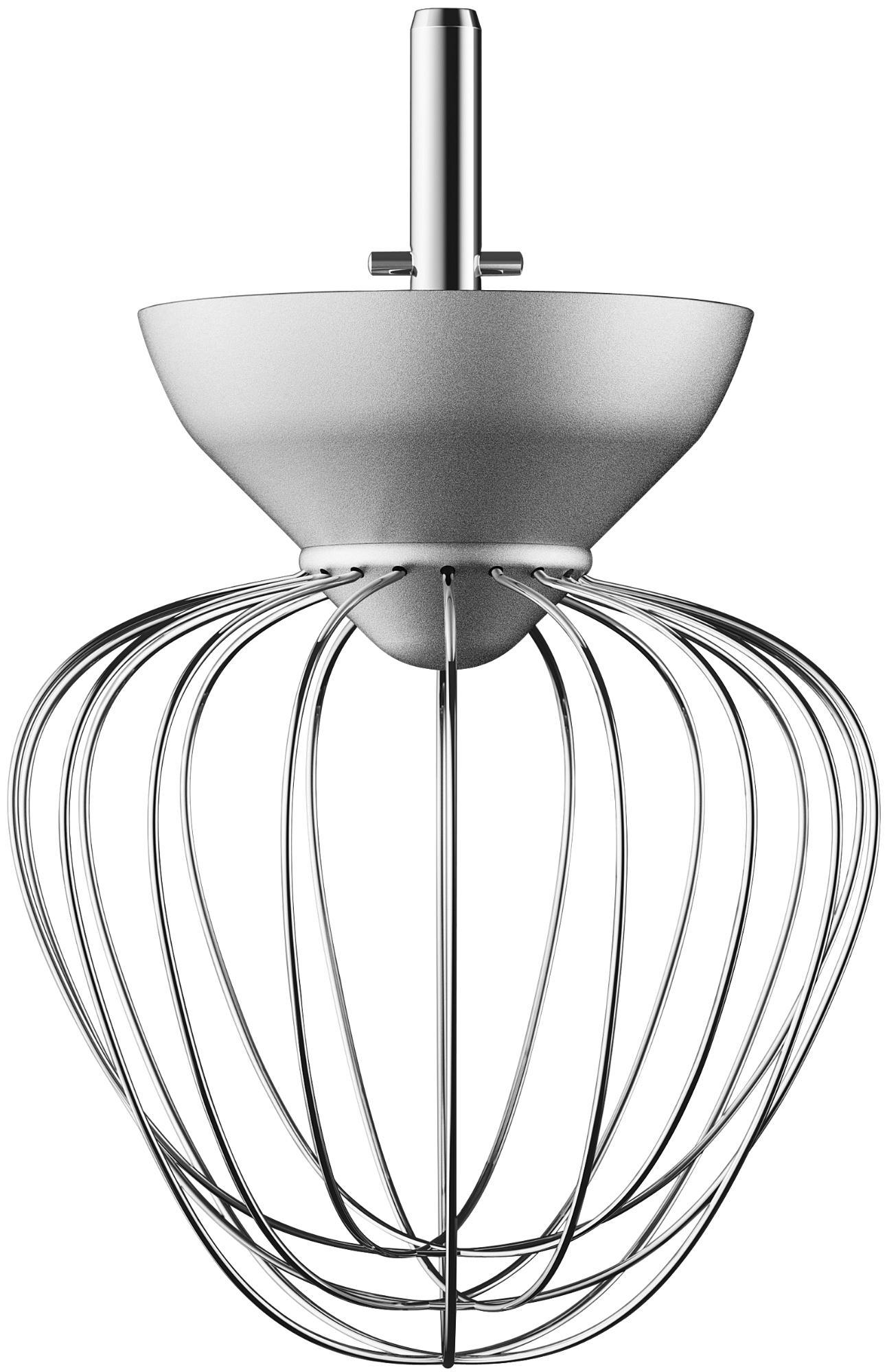 Metall-Schneebesen-Aufsatz für Küchengerät mit silbernem Finish.