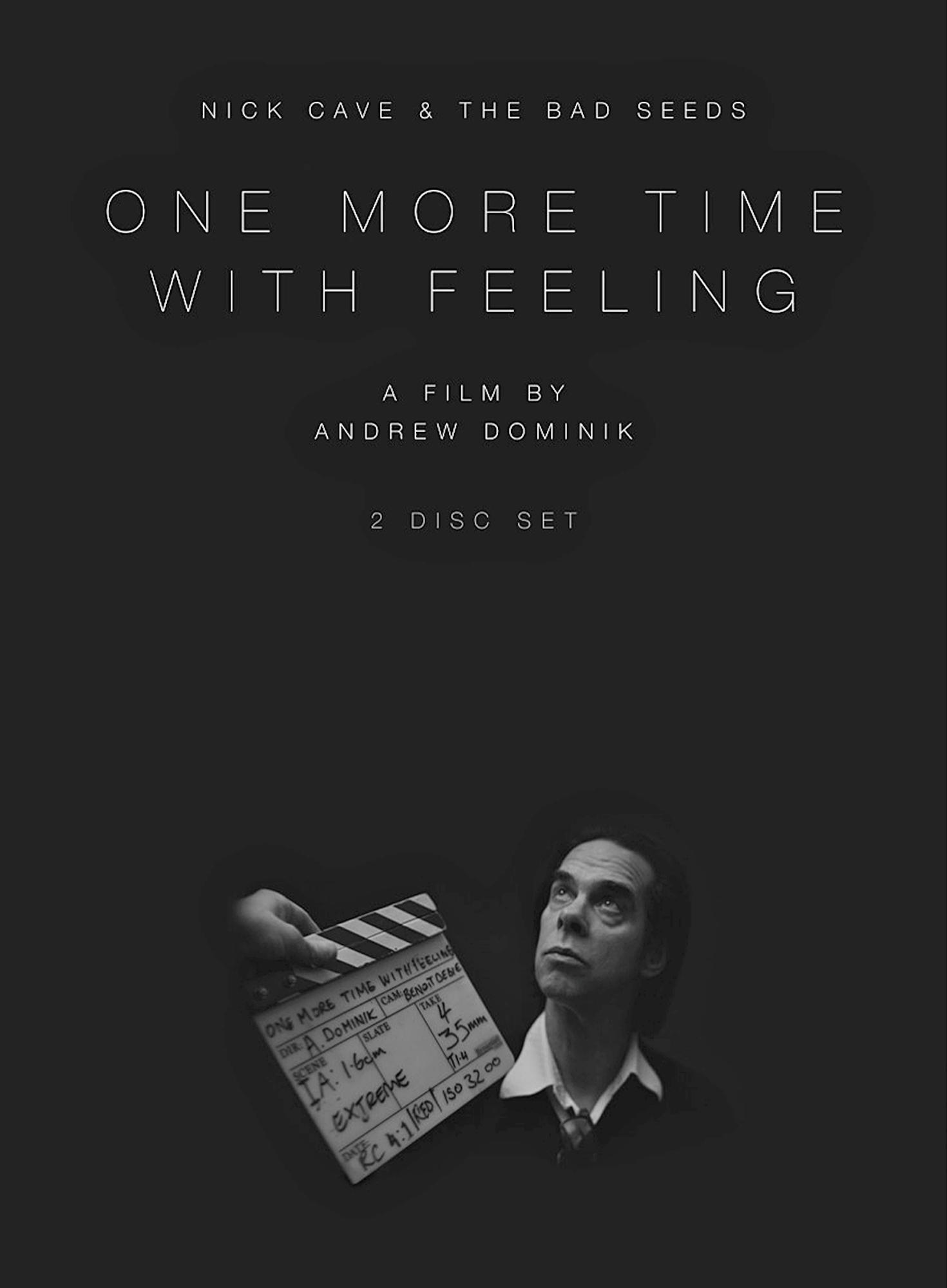 Filmposter in zwart-wit met de afbeelding van Nick Cave en de filmtitel: "One More Time With Feeling".